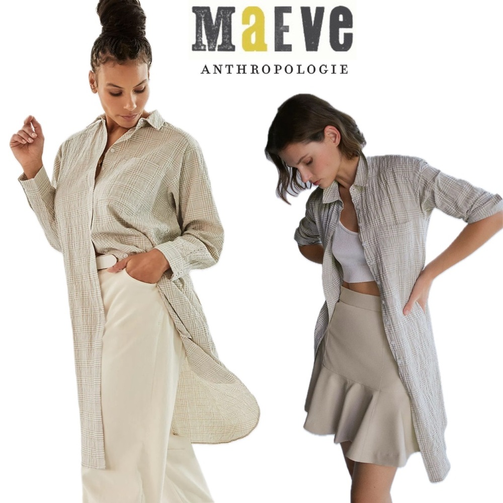 Maeve Anthropologie Maxi Tunic Buttondown Oversized High-low Plaid Shirt Dress